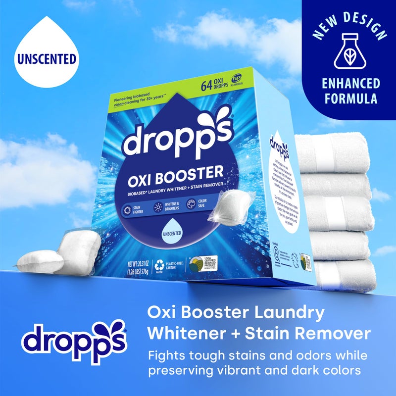 Dropps Oxi Booster Pods, Unscented (64 Pods) - Chlorine-Free Bleach Alternative Biobased Laundry Whitener & Stain Remover for Extra Tough Stains - Fragrance-Free & Hypoallergenic for Sensitive Skin - Image 2